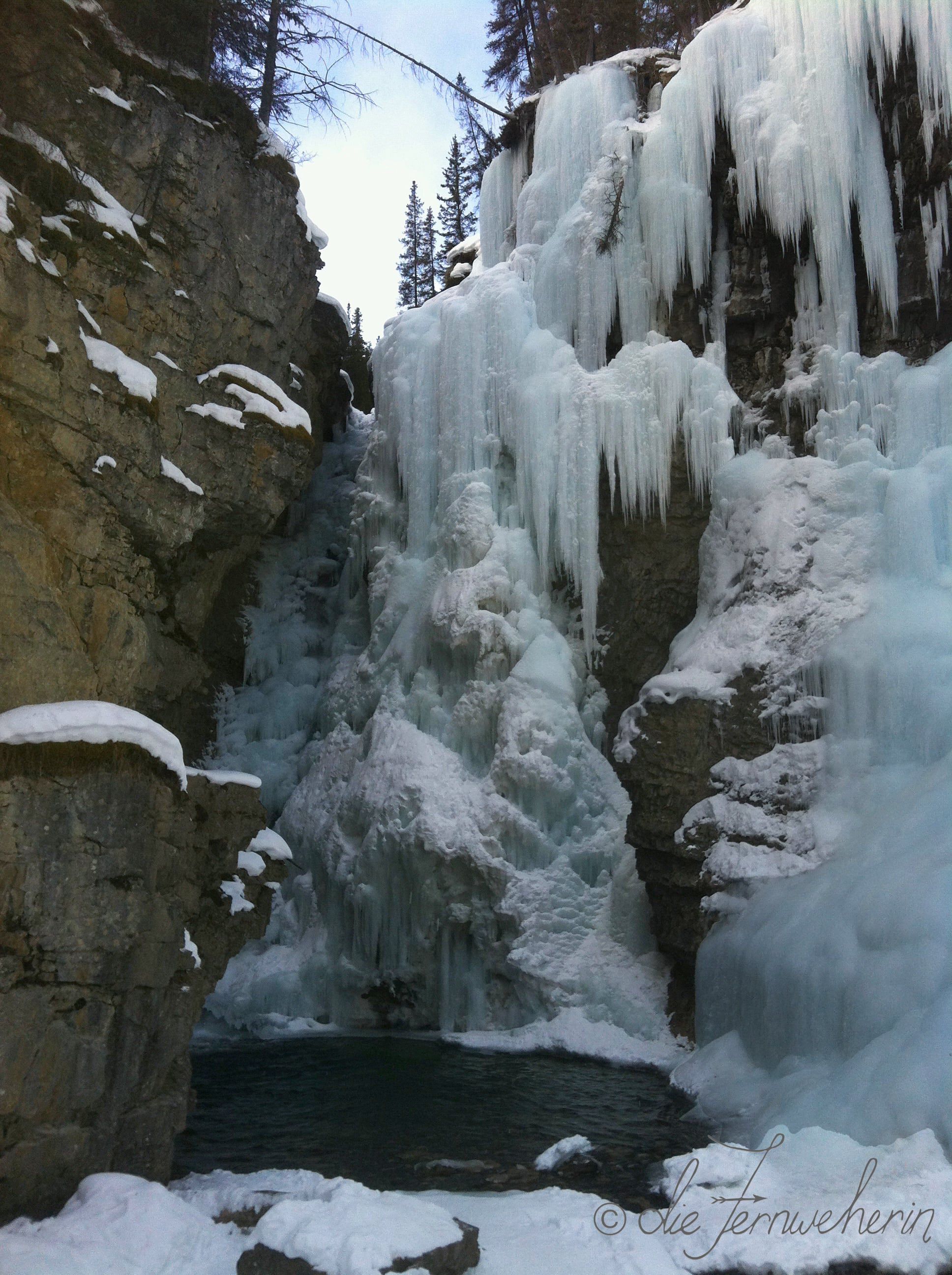 Winter in Banff National Park: the waterfalls at Johnston Canyon are completely frozen.
