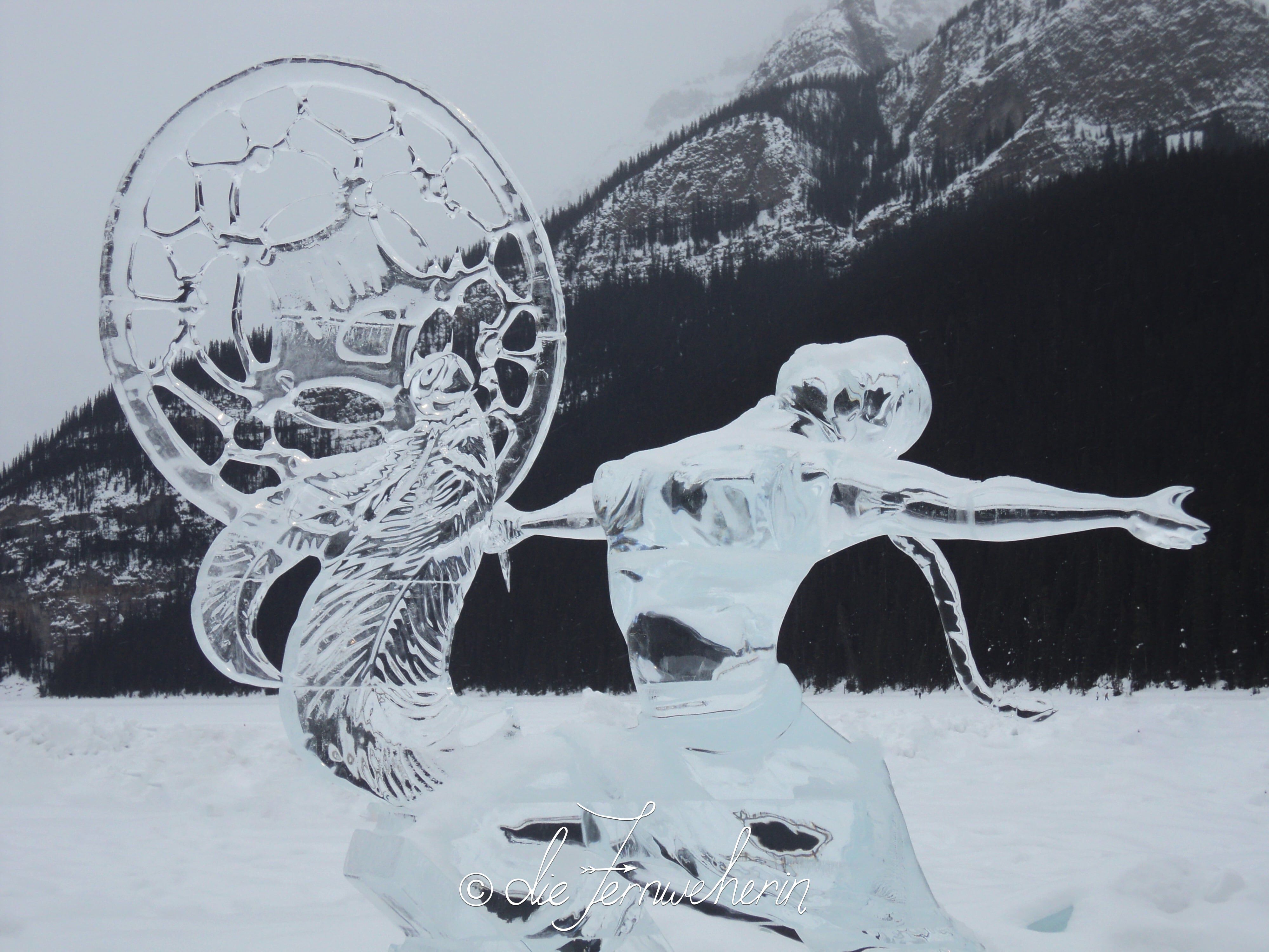 An ice sculpture of a Native American woman on the grounds of the Fairmont Château Lake Louise in Banff National Park.