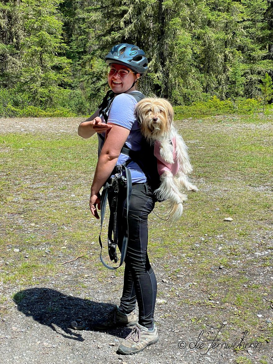 A woman poses with a dog in a backpack on the Spray River Trail in Banff National Park.