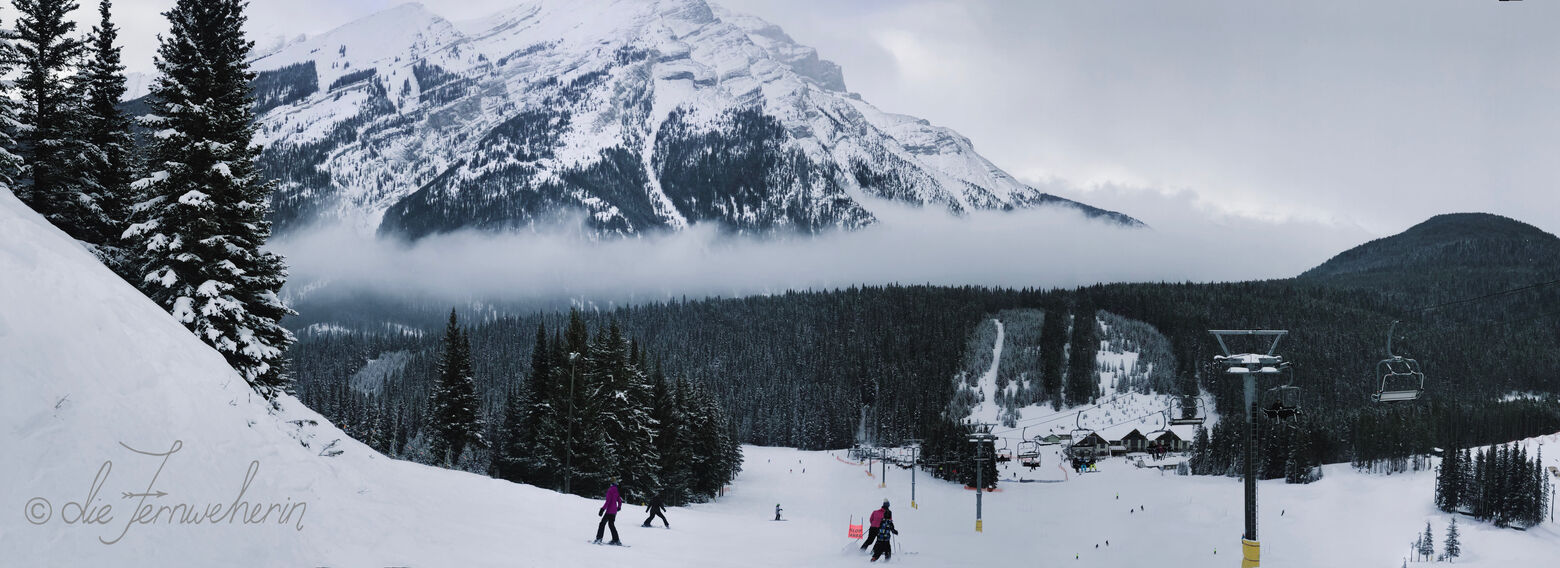 The snow-covered slopes of Mount Norquay Ski Hill on a cloudy winter day in Banff National Park.