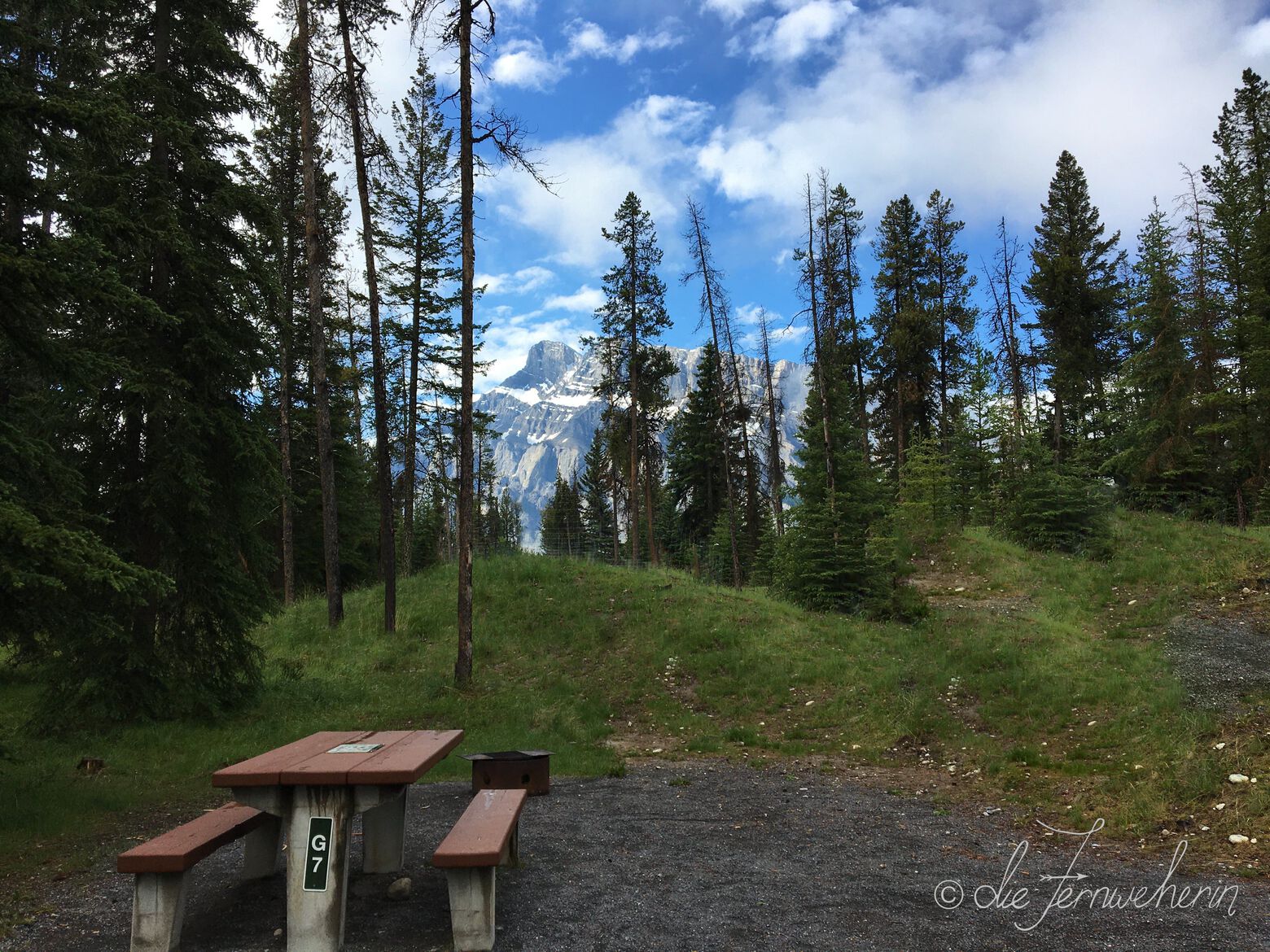 A campsite with a view of Tunnel Mountain in Banff National Park.