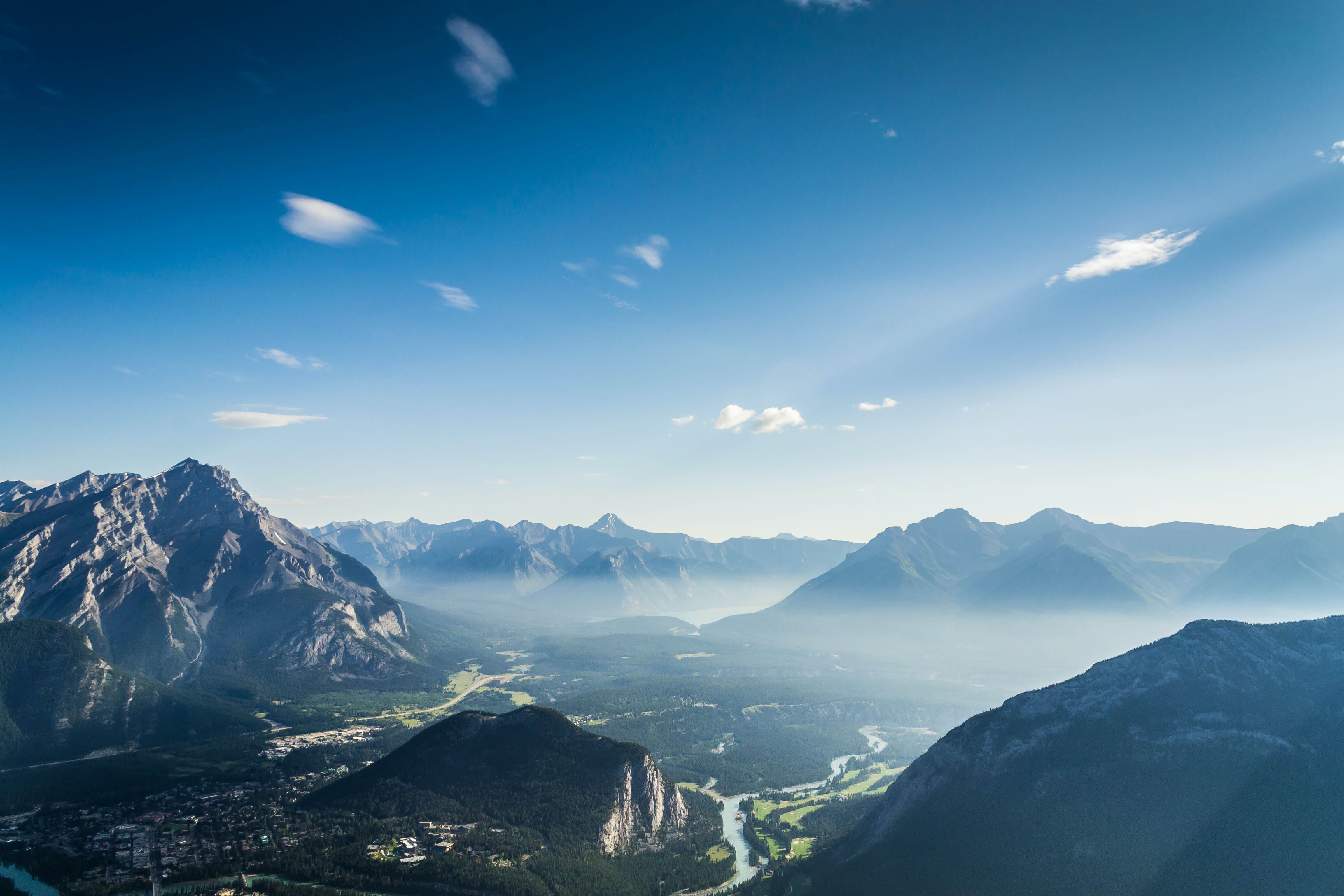 View of the town of Banff, Tunnel Mountain, and the Bow River from the top of Sulphur Mountain.