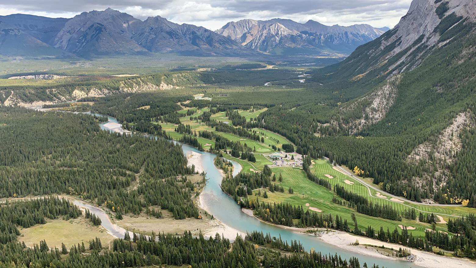 View of the Bow River & the Banff Springs Golf Course as seen from the summit of Tunnel Mountain in the town of Banff.