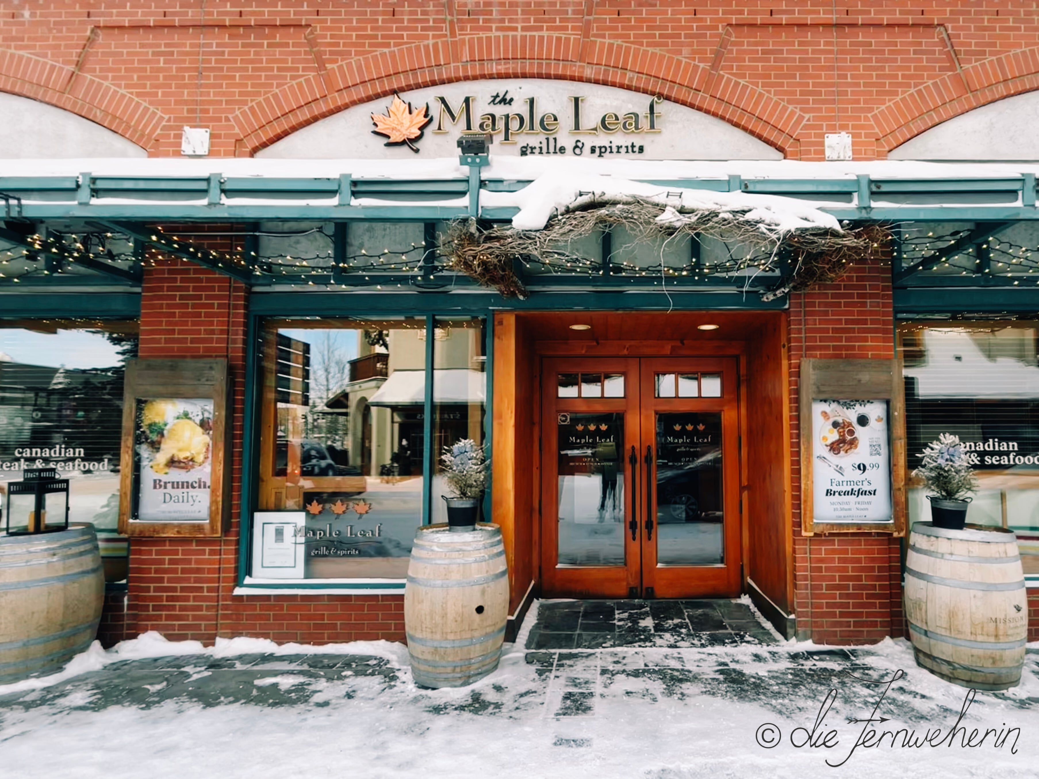 Exterior view of The Maple Leaf, a restaurant in the town of Banff.