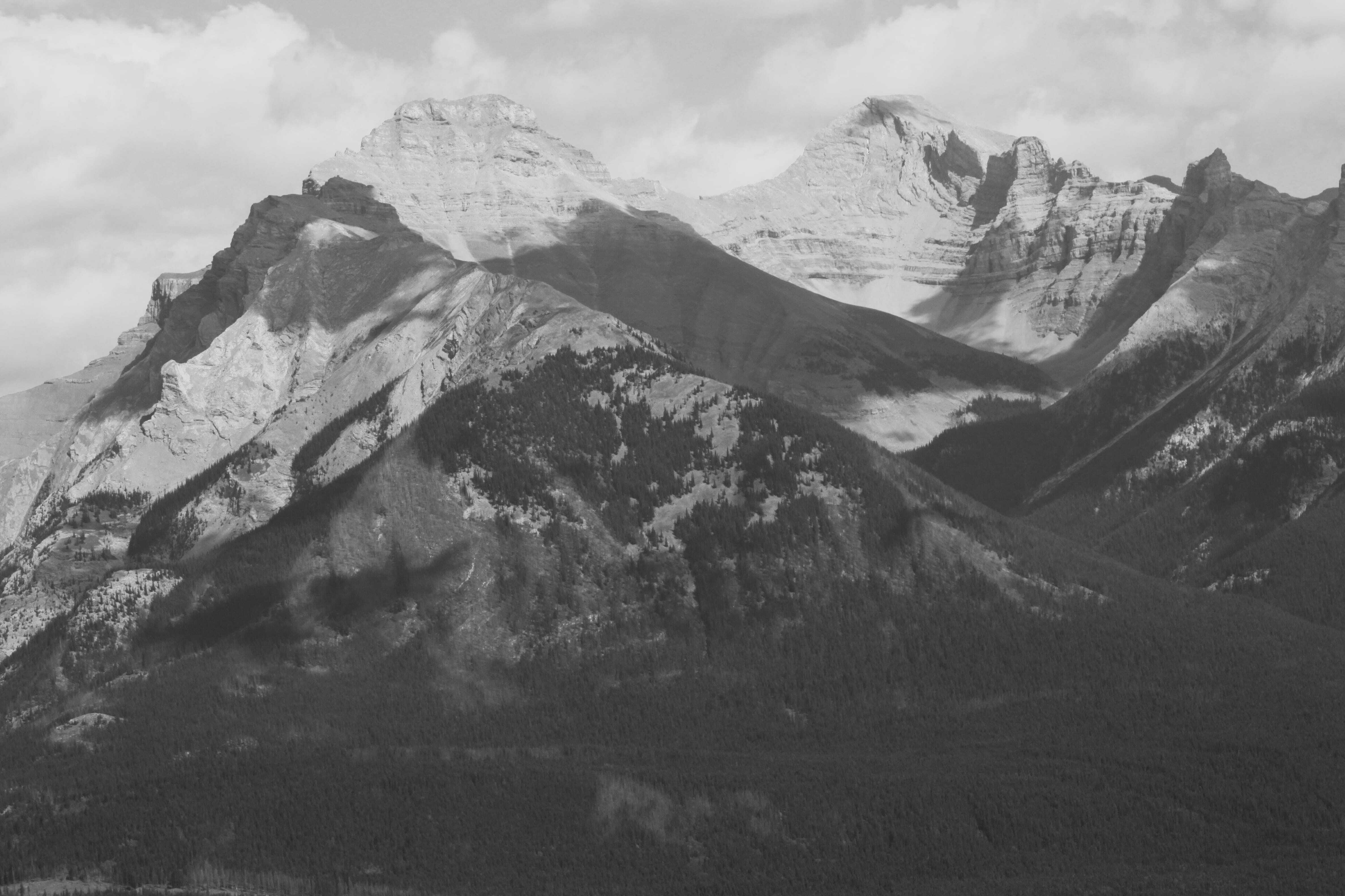 View of Mount Inglismaldie and Mount Girouard from Upper Stoney Lookout (formerly Stoney Squaw Lookout) in Banff National Park.