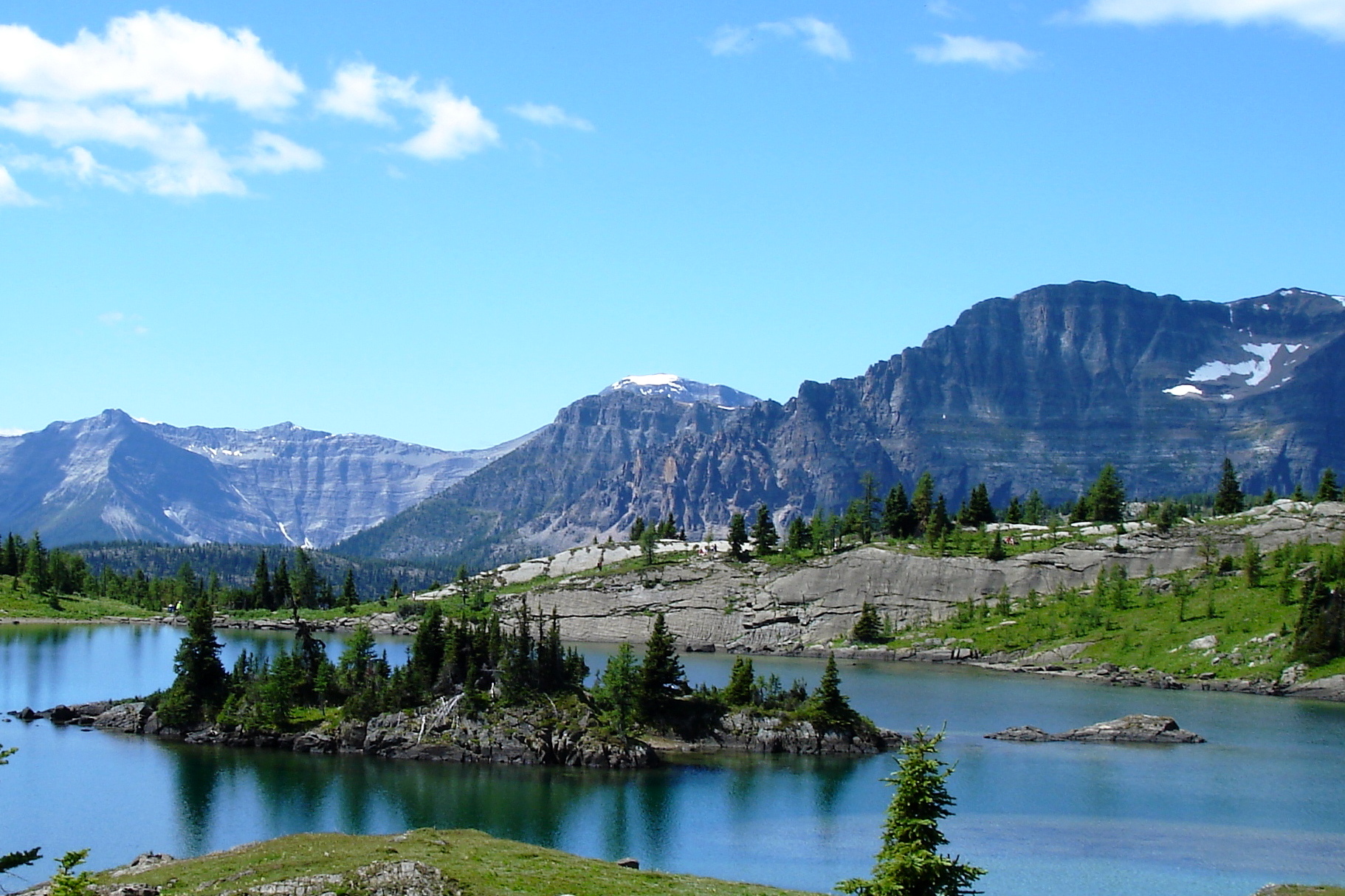 A close-up view of the small island in the middle of Rock Isle Lake in Banff National Park.