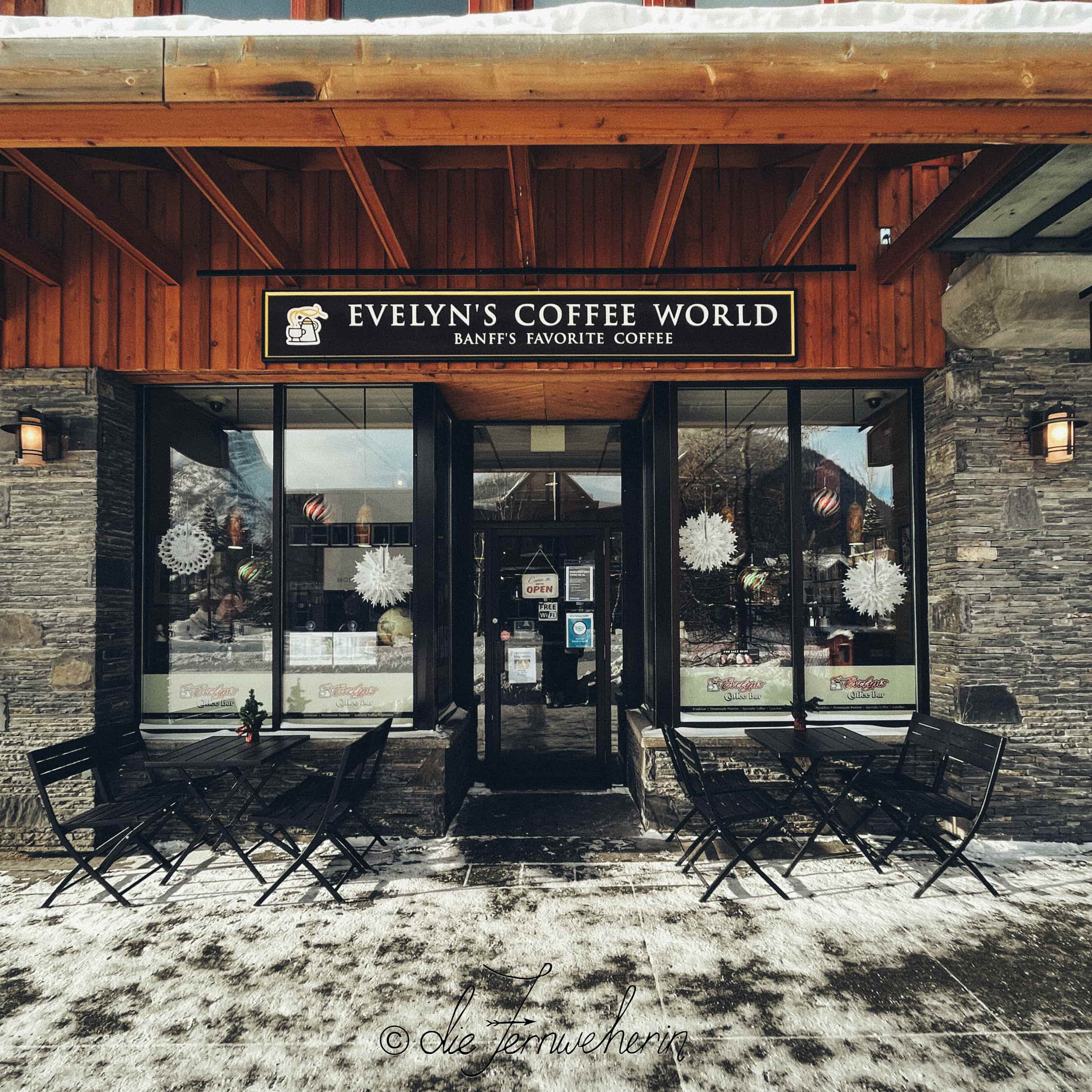 Exterior view of Evelyn's Coffee World café in the town of Banff in the winter.