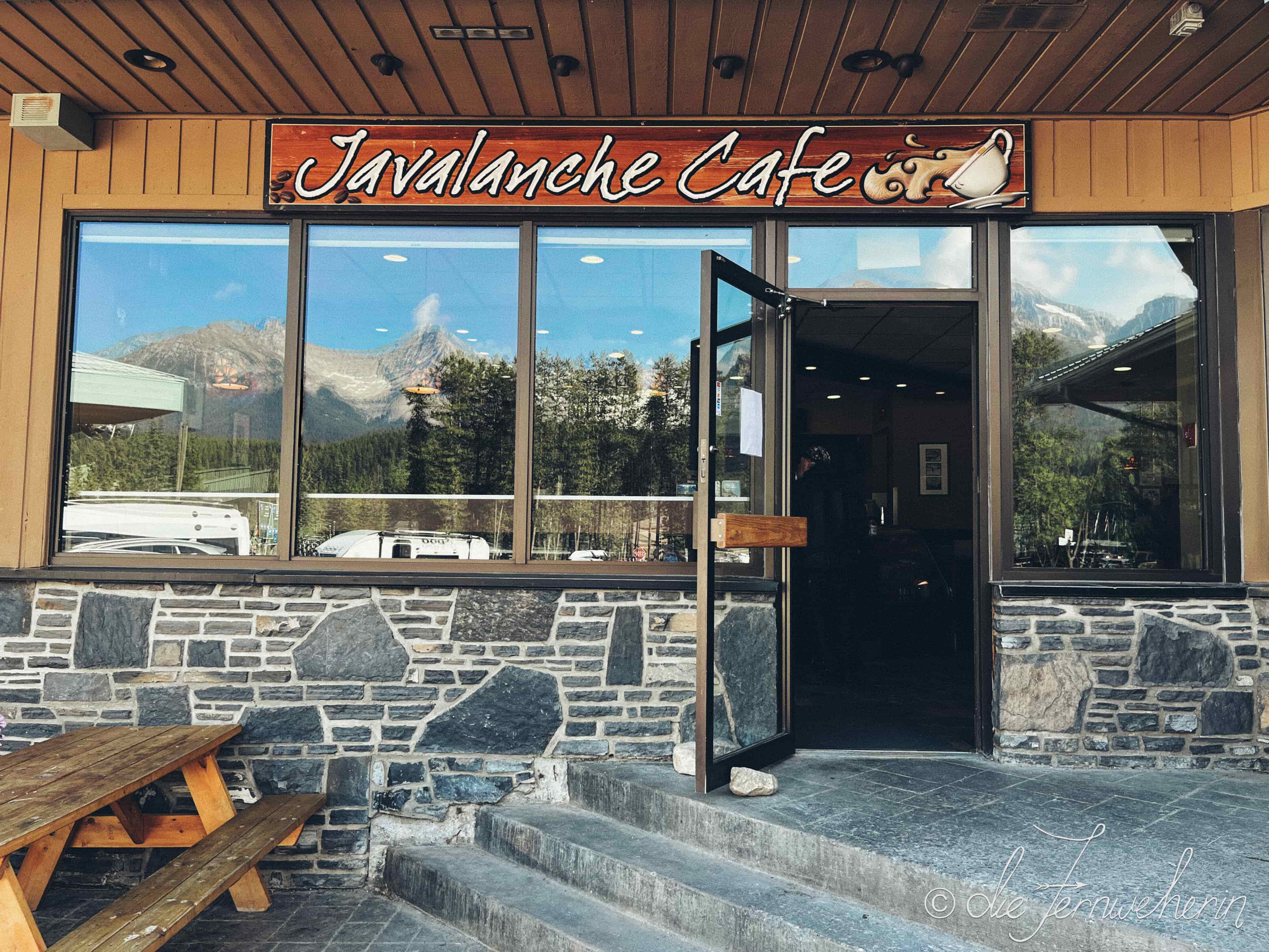Exterior view of the Javalanche café in the village of Lake Louise.